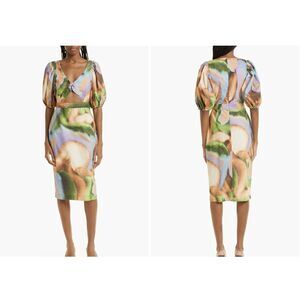 New Rotate Watercolor Print Cutout Puff Sleeve Organic Cotton Dress Sz 6 /36 EU